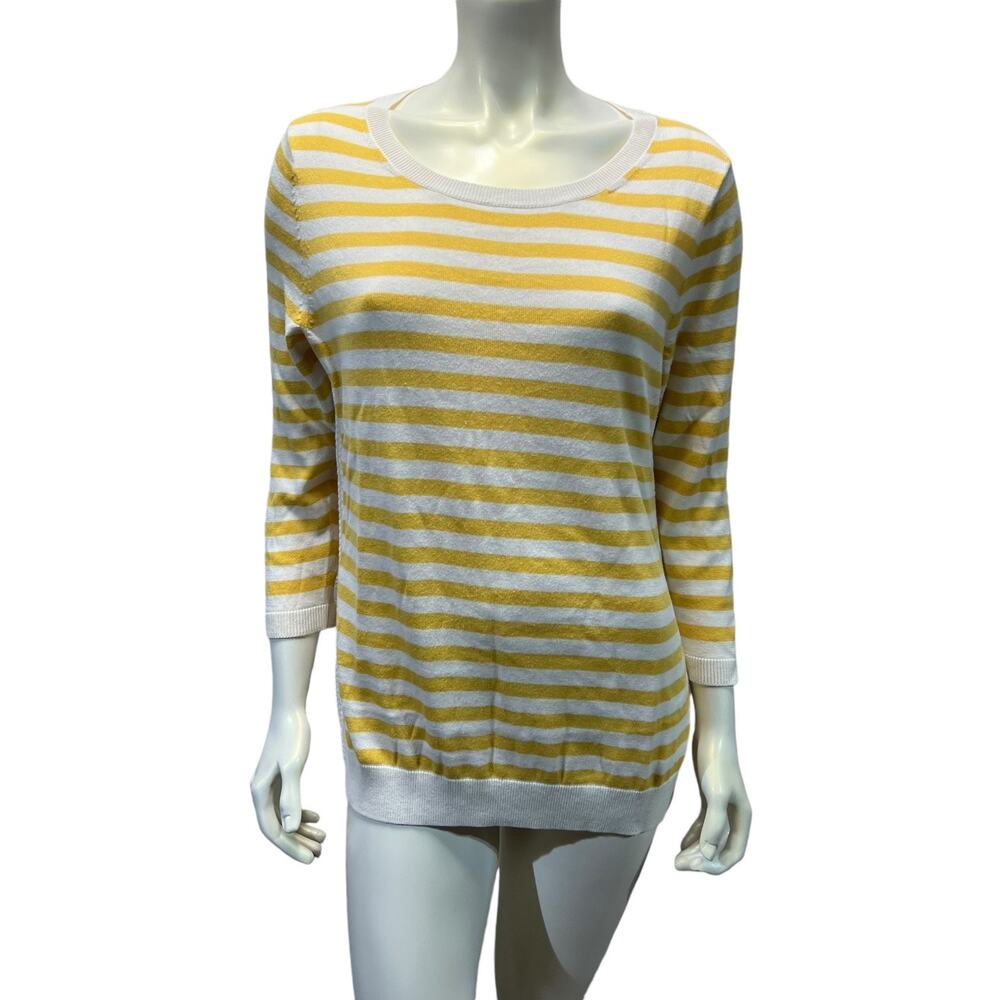 Talbots Yellow White Striped Lightweight Sweater 3/4 Sleeve Size Large